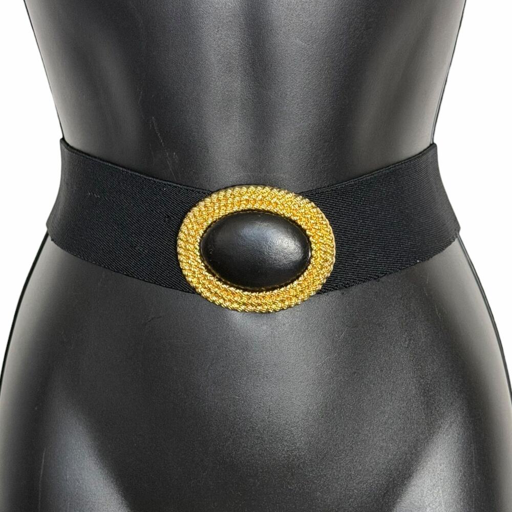 VTG 80s 90s Daylor Black Elastic Stretch Belt Gold Textured Oval Buckle Large L